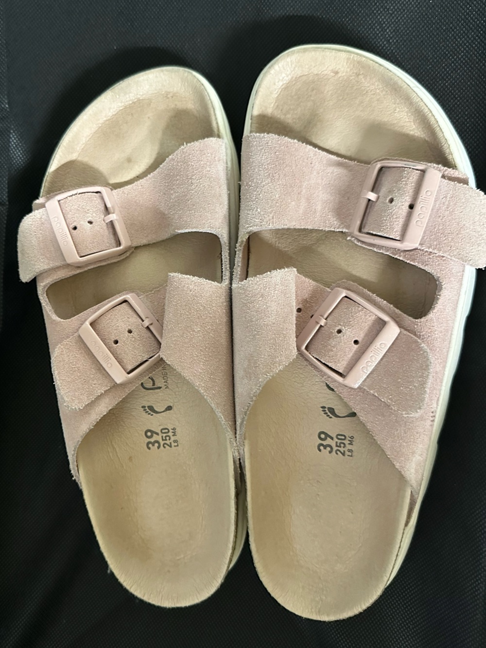 Papillio Two-Buckle Suede Slide Sandals in Blush Pink
